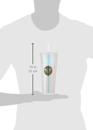 Spoontiques DC Comics Diamond Tumbler, 20oz - Textured Cup w/Staw, Double Wall Insulated, BPA Free - Wonder Woman