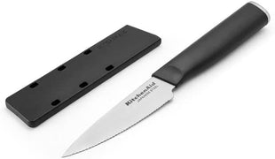 KitchenAid Classic Serrated Paring Knife with Custom-Fit Blade Cover, 3.5-inch, Sharp Kitchen Knife, High-Carbon Japanese Stainless Steel Blade, Black