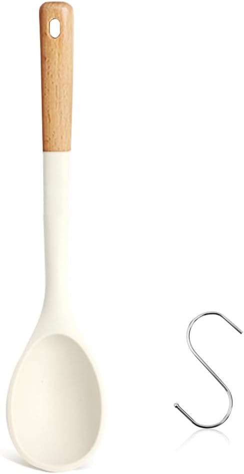 Large Silicone Cooking Spoons, Nonstick Solid Wooden Handle Kitchen Spoons, Heat Resistant Silicone Rubber Spoonula for Cooking, Serving, Basting, Mixing Tool, 13.2inch, Flexible Scraper (White)