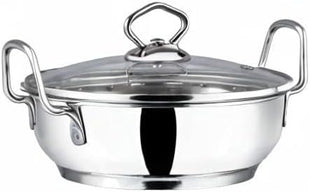 Vinod Stainless Steel Kadai with Glass Lid Extra Thick SAS Heavy Base Kadai for Cooking Induction and Gas Compatible 125 oz 10.14 in 2-Year Silver