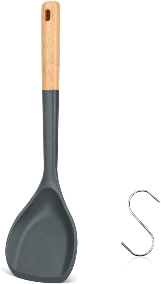 Wok Spatula, Silicone Wok Spatula Turner with Heat Resistant Wooden Handle, Kitchen Utensil Cooking Shovel Scoop Ladle for Scooping, Flipping, Stirring, Durable BPA-free Nonstick Cooking, 13.2Inch