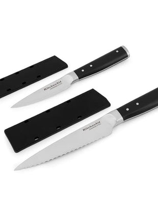 KitchenAid Gourmet 2 Piece Forged Triple Rivet Knife Set, 4.5 inch Fine Edge Utility Knife and 3.5 inch Paring Knife Set, Sharp Kitchen Knives, High Carbon Japanese Stainless Steel, Black
