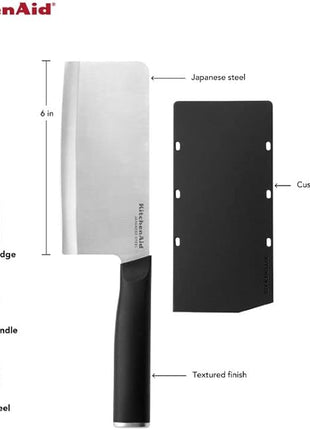 KitchenAid Classic Cleaver Knife with Custom Fit Blade Cover, 6 inch, Sharp Kitchen Knife, High Carbon Japanese Stainless Steel Blade, Meat Cleaver, Black