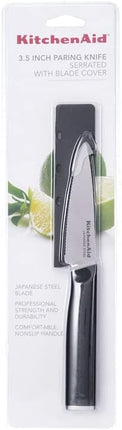 KitchenAid Classic Serrated Paring Knife with Custom-Fit Blade Cover, 3.5-inch, Sharp Kitchen Knife, High-Carbon Japanese Stainless Steel Blade, Black