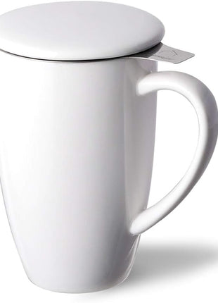 Sweejar Porcelain Tea Infuser Cup with Lid, 16 oz Teacup with Strainers for Loose Leaf, Microwave and Dishwasher Safe Coffee Mug, Steeping Mug for Tea Drinkers,Christmas Gift (White)