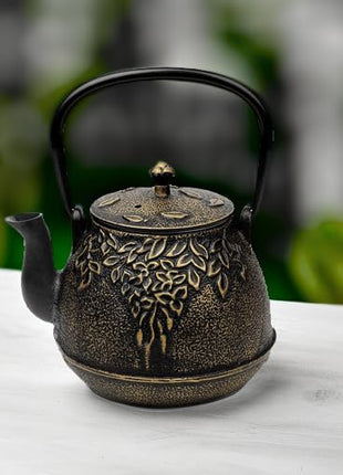 Tea Kettle, TOPTIER Japanese Cast Iron Tea Pot for Stove Top, Cast Iron Teapot Humidifier for Wood Stove, Leaf Design Tea Kettle Coated with Enameled Interior for 32 Ounce (950 ml), Black