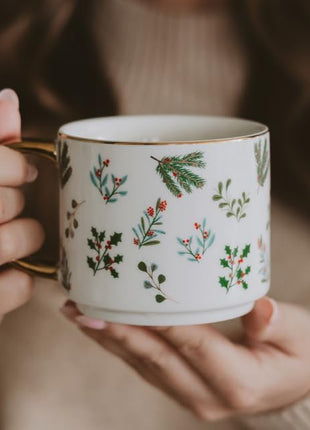 Sweet Water Decor Holiday Greenery Coffee Mug, 14oz China Christmas Mug with Gold Handle, Large Holiday Winter Cup for Coffee, Tea & Hot Chocolate, Stocking Stuffer Gifts for Women