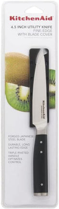 KitchenAid Gourmet Forged Triple Rivet Fine-Edge Utility Knife with Custom-Fit Blade Cover, 4.5-inch, Sharp Kitchen Knife, High-Carbon Japanese Stainless Steel Blade, Black