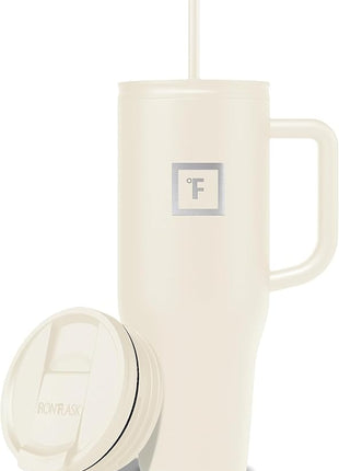 IRON °FLASK Co-Pilot Insulated Mug w/Straw & Flip Cap Lids - Cup Holder Bottle for Hot, Cold Drink - Leak-Proof - Water, Coffee Portable Travel Mug - Cashmere Cream, 40 Oz