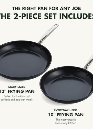 GreenPan Chatham Prime Midnight Hard Anodized Healthy Ceramic Nonstick, 10" and 12" Frying Pan Skillet Set, PFAS-Free, Dishwasher Safe, Oven Safe, Black