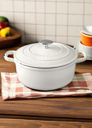 Dutch Ovens Enameled Cast Iron Covered 5.5 Quart Dutch Oven with Dual Handle for Bread Baking, White