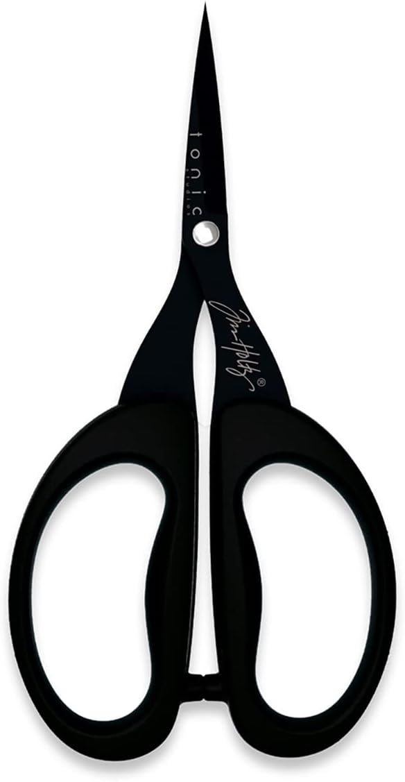 Tim Holtz Small Scissors - 5 Inch Mini Snips with Micro Serrated Blade - Craft Tool for Cutting Paper, Fabric, and Sewing - Titanium with Black Comfort Grip Handles