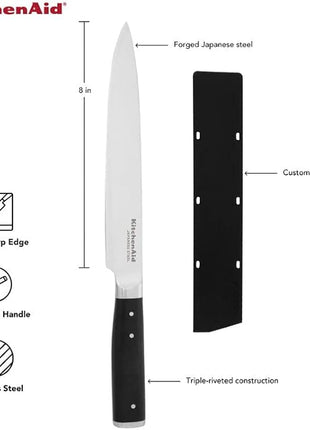 KitchenAid Gourmet Forged Triple Rivet Slicing Knife with Custom-Fit Blade Cover, 8-inch, Sharp Kitchen Knife, High-Carbon Japanese Stainless Steel Blade, Black
