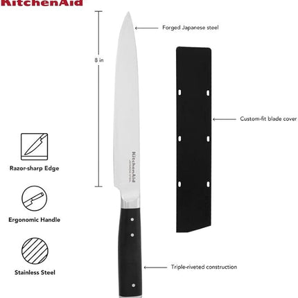 KitchenAid Gourmet Forged Triple Rivet Slicing Knife with Custom-Fit Blade Cover, 8-inch, Sharp Kitchen Knife, High-Carbon Japanese Stainless Steel Blade, Black