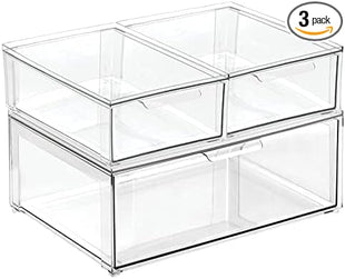 mDesign Plastic Stackable Closet Storage Organizer Bin Containers with Front Pull Drawer for Cabinet, Desk, Shelf, Cupboard, or Dresser Organization - Lumiere Collection - Set of 3 - Clear