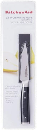 KitchenAid Gourmet Forged Triple Rivet Serrated Paring Knife with Custom-Fit Blade Cover, 3.5-inch, Sharp Kitchen Knife, High-Carbon Japanese Stainless Steel Blade, Black