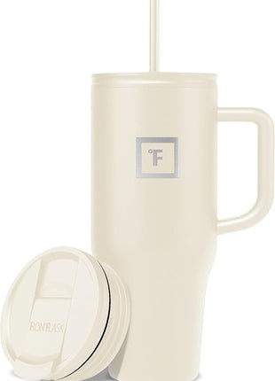 IRON °FLASK Co-Pilot Insulated Mug w/Straw & Flip Cap Lids - Cup Holder Bottle for Hot, Cold Drink - Leak-Proof - Water, Coffee Portable Travel Mug - Cashmere Cream, 32 Oz