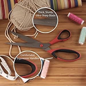 BambooMN Titanium Softgrip Scissors Set for Sewing, Arts, Crafts, Office - 1 set of 3 - Red w/Black Inlays