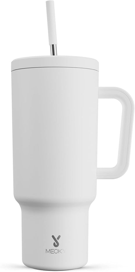 Meoky 40 oz Tumbler with Handle and Straw: Stainless Steel Insulated Tumbler with Lid and Straw - 100% Leak Proof Tumbler for Car Cup Holders - Travelers Commuters Workers, White