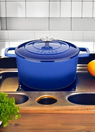 Velaze 6 QT Enameled Dutch Oven Pot with Lid, Cast Iron Dutch Oven with Dual Handles for Sourdough Bread Baking, Cooking, Non-stick Enamel Coated Cookware (Blue)