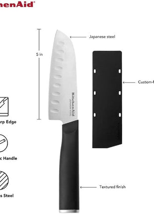 KitchenAid Classic Santoku Knife with Custom-Fit Blade Cover, 5-inch, Sharp Kitchen Knife, High-Carbon Japanese Stainless Steel Blade, Black