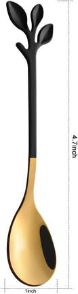 AnSaw Elegant Black & Gold Leaf Espresso Spoons - 10-Piece, 4.7" Mini Stainless Steel Coffee & Dessert Tea Spoons, Perfect for Demitasse & Small Servings