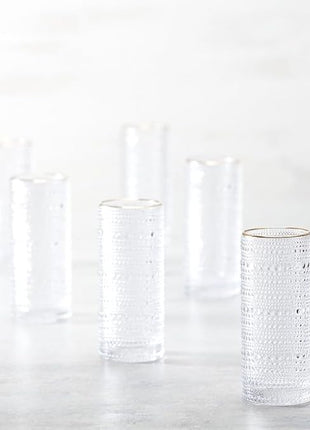 Fortessa Jupiter Beaded Hobnail Glass, 11 Ounce Collins/High Ball (Set of 6), Gold Rim Clear