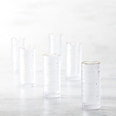 Fortessa Jupiter Beaded Hobnail Glass, 11 Ounce Collins/High Ball (Set of 6), Gold Rim Clear