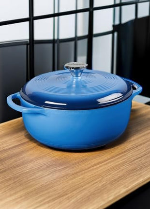 Lodge 4.5 Quart Enameled Cast Iron Dutch Oven with Lid – Dual Handles – Oven Safe up to 500° F or on Stovetop - Use to Marinate, Cook, Bake, Refrigerate and Serve – Caribbean Blue