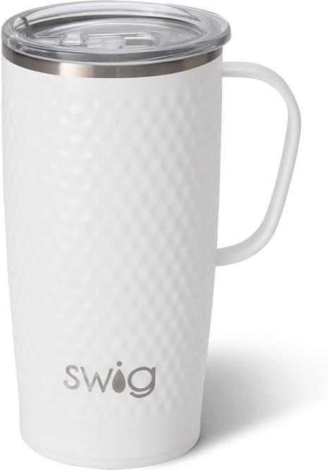 Swig Life 22oz Travel Mug, Insulated Tumbler with Handle and Lid, Cup Holder Friendly, Dishwasher Safe, Stainless Steel, Travel Coffee Cup, Insulated Mug with Lid (Golf Ball)