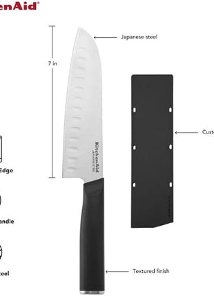 KitchenAid Classic Santoku Knife with Custom-Fit Blade Cover, 7-inch, Sharp Kitchen Knife, High-Carbon Japanese Stainless Steel, Black