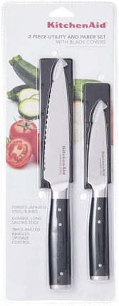 KitchenAid Gourmet 2 Piece Forged Triple Rivet Knife Set, 4.5 inch Fine Edge Utility Knife and 3.5 inch Paring Knife Set, Sharp Kitchen Knives, High Carbon Japanese Stainless Steel, Black
