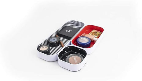 Three by Three Seattle 3 Piece Shallow Metal Organizer Tray Set for Storing Makeup, Stationery, Utensils, and More in Office Desk, Kitchen and Bathroom Drawers (1 Inch, Red Dots and Stripes)