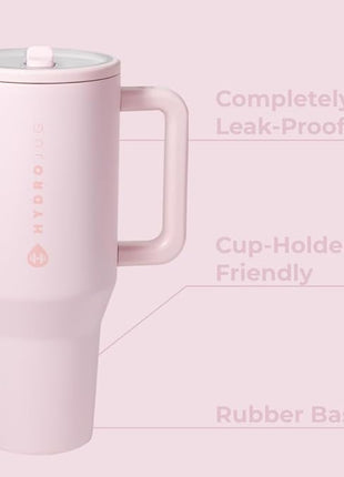 HydroJug Traveler - 32 oz Water Bottle with Handle & Flip Straw - Fits in Cup Holder, Leak Resistant Tumbler-Reusable Insulated Stainless Steel & Rubber Base - Gifts for Women & Men, Pink Sand