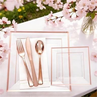 Festiva 350Pcs Rose Gold Plastic Plates - Clear Rose Gold Disposable Dinnerware Sets for 50Guests include 100 Plates 50 Cups 50Plastic Cutlery 50Napkins for Party&Wedding& Valentine's Day