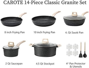 CAROTE 14Pcs Pots and Pans Set Non Stick, Cookware Sets Induction Cookware Granite Cooking Set with Frying Pans, Saucepans, Saute Pan, Extra Large Casserole