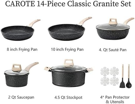 CAROTE 14Pcs Pots and Pans Set Non Stick, Cookware Sets Induction Cookware Granite Cooking Set with Frying Pans, Saucepans, Saute Pan, Extra Large Casserole