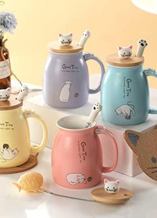 BigNoseDeer Cute Mugs Kawaii Cat Mug Ceramic Coffee Mug Tea Cup with Infuser and Lid Spoon Tea Mug Cute Cool Preppy Stuff Gifts for Women (Blue 13oz)