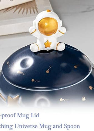 Kawaii Astronaut Cup Space Embossed Planet Mug, Cute Ceramic Coffee Mug, Novelty Mug with Lid and Spoon for Coffee, Tea, Milk, Aesthetic Room Decor Funny Gift for Girl Boy Women (Dark blue)