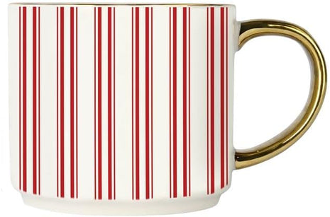 Sweet Water Decor Red Stripe Coffee Mug, 14oz China Christmas Mug with Gold Handle, Large Holiday Winter Cup for Coffee, Tea & Hot Chocolate, Stocking Stuffer Gifts for Women