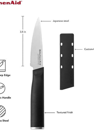 KitchenAid Classic Serrated Paring Knife with Custom-Fit Blade Cover, 3.5-inch, Sharp Kitchen Knife, High-Carbon Japanese Stainless Steel Blade, Black