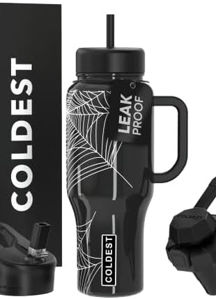 Coldest Tumbler with Handle and Straw, 100% Leak Proof Insulated Tumbler with Lid and Straw (3 Lids), Stainless Steel Tumblers for Women & Men, Cup Holder Friendly Base, 36 oz (Haunted Webs)