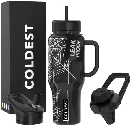Coldest Tumbler with Handle and Straw, 100% Leak Proof Insulated Tumbler with Lid and Straw (3 Lids), Stainless Steel Tumblers for Women & Men, Cup Holder Friendly Base, 36 oz (Haunted Webs)