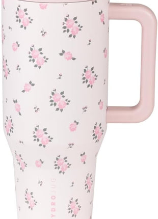 HydroJug Traveler - 32 oz Water Bottle with Handle & Flip Straw - Fits in Cup Holder, Leak Resistant Tumbler-Reusable Insulated Stainless Steel & Rubber Base - Gifts for Women & Men, Wildrose