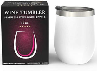 CHILLOUT LIFE 12 oz Stainless Steel Wine Tumbler with Lid - Double Wall Vacuum Insulated Wine Cup Glass Keeping Cold & Hot for Coffee, Champagne, Cocktails, Ice Cream - Powder Coated White