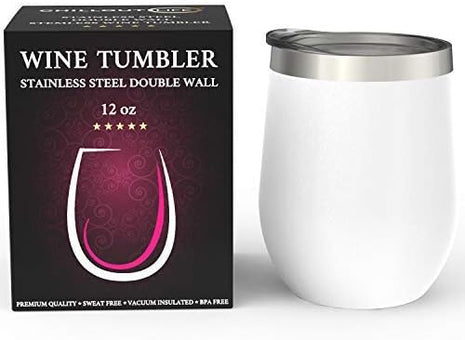 CHILLOUT LIFE 12 oz Stainless Steel Wine Tumbler with Lid - Double Wall Vacuum Insulated Wine Cup Glass Keeping Cold & Hot for Coffee, Champagne, Cocktails, Ice Cream - Powder Coated White