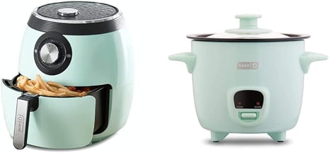 Dash DFAF455GBAQ01 Deluxe Electric Air Fryer + Oven Cooker, 6 Quart, 6 qt, Aqua & DRCM200GBAQ04 Mini Rice Cooker Steamer with Removable Nonstick Pot, Keep Warm Function & Recipe Guide, Aqua