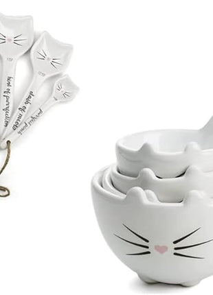 White Cat Measuring Cups & Spoons Gift Set – Ceramic Kitchen Tools for Cat Lovers & Bakers – 4 Measuring Cups and 4 Measuring Spoons – Unique Gift for Kitchen, Baking, and Cat Lovers