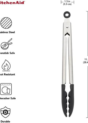 KitchenAid Silicone Tipped Stainless Steel Tongs, 12 Inch, Black