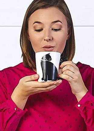 VOTUM Black Cat Ceramic White Coffee or Tea Mug - Animal Shaped Cup with Hand Printed Designs - Cute Handmade Gift for Men or Women Cat Lovers - 12 Fluid Ounce